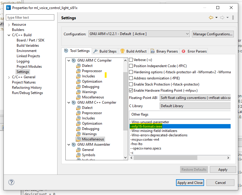 GNU ARM C++ Compiler Miscellaneous Settings