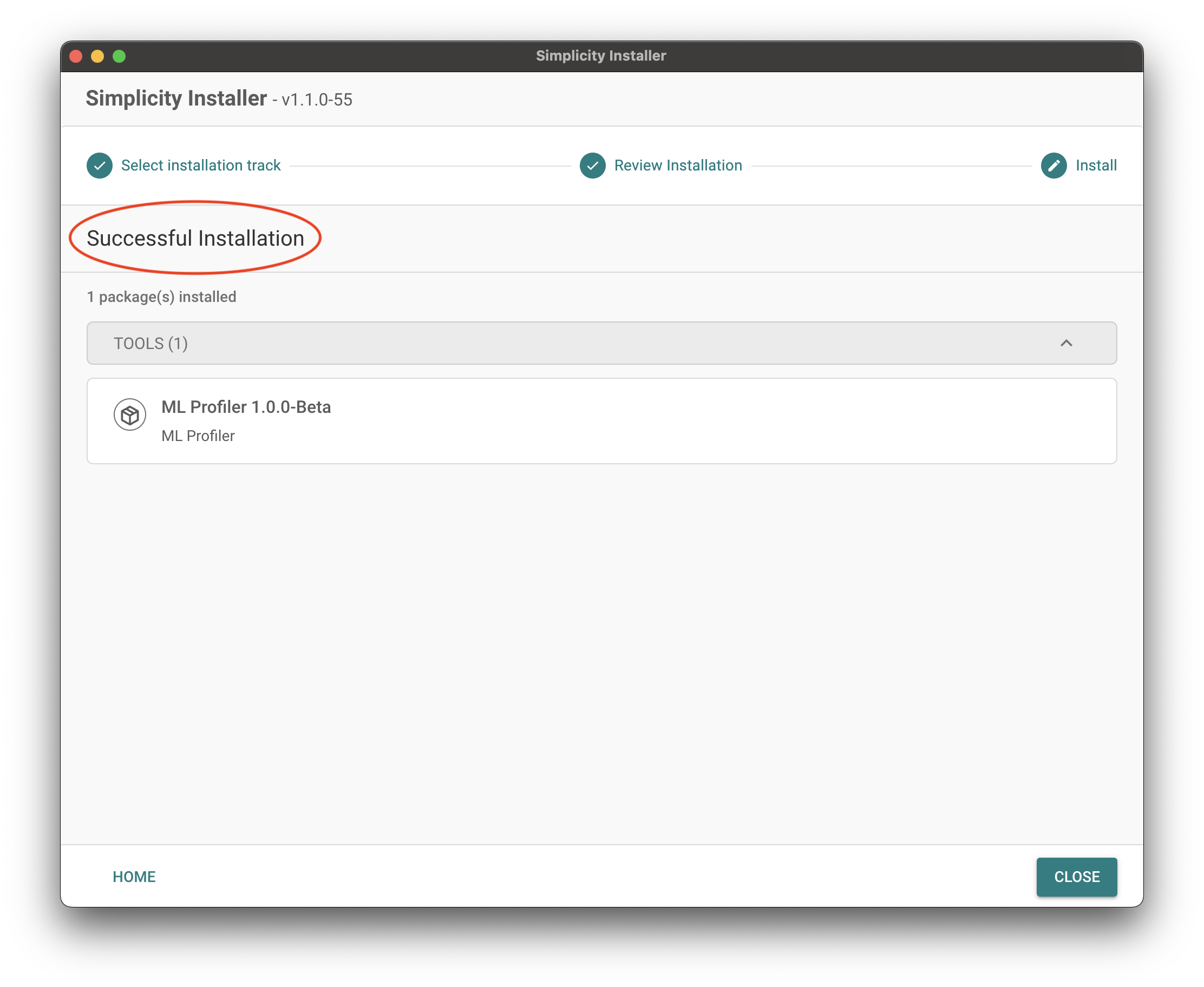 ML Profiler Installation successful