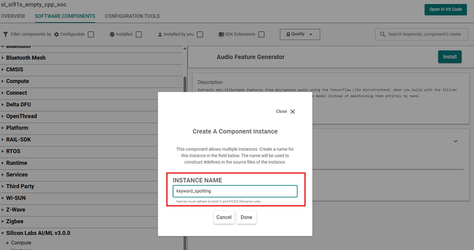 Create an Audio Feature Generator component instance