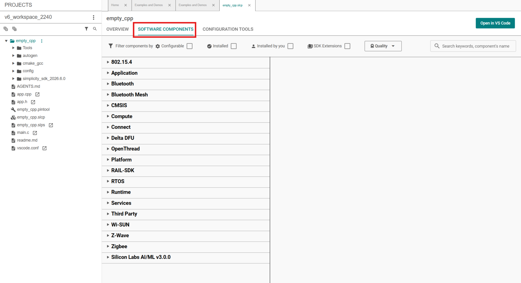 Open Software Components tab