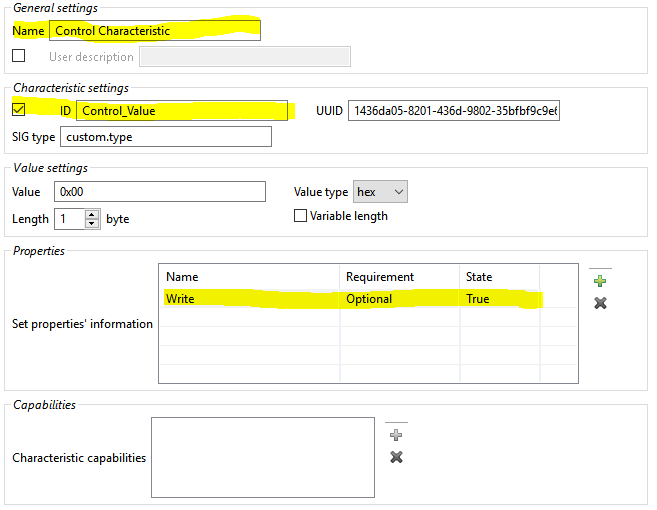 Control Characteristic settings