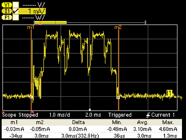 Current Profile Segment Measured with Scope Cursors - Device: Series 2 EFR32BG22