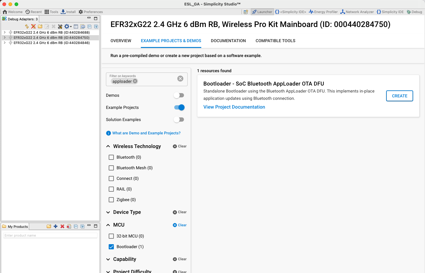 Example project "Bootloader – SoC Bluetooth AppLoader OTA DFU"
