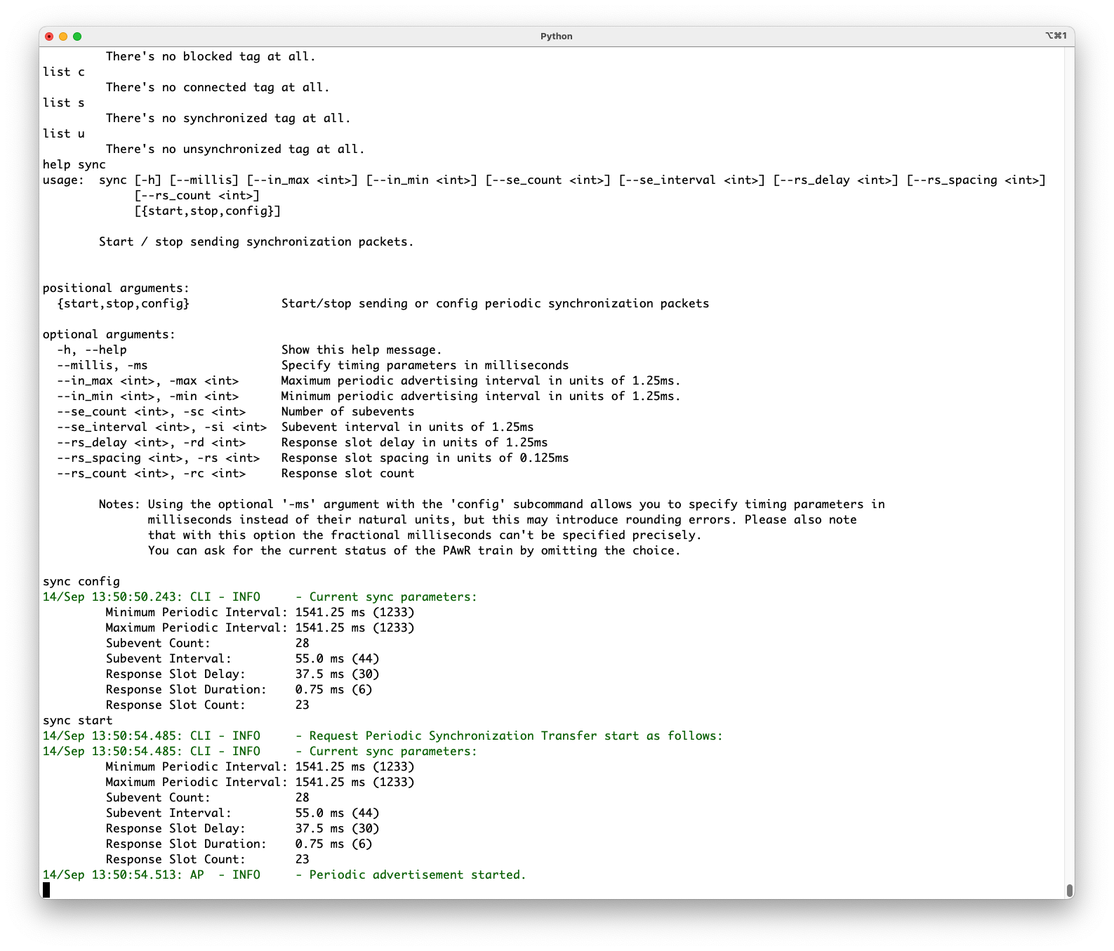 Synchronization packet transmission can be enabled with command sync start