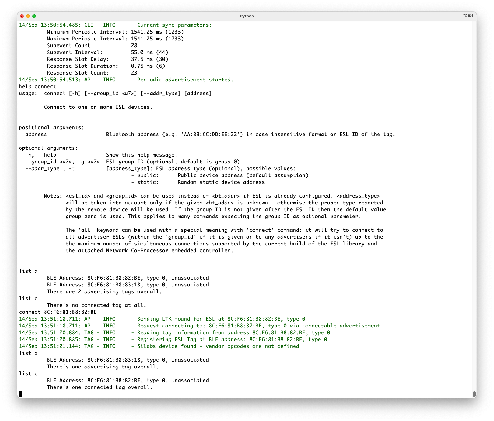 After connection creation, the tag is listed as connected but unassociated