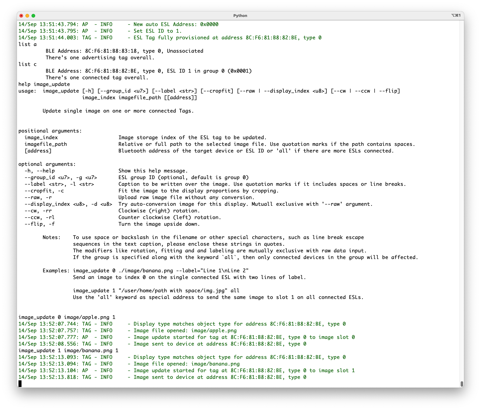 Images can be transferred to ESL tags in Configuring and Updating states with command image_update.