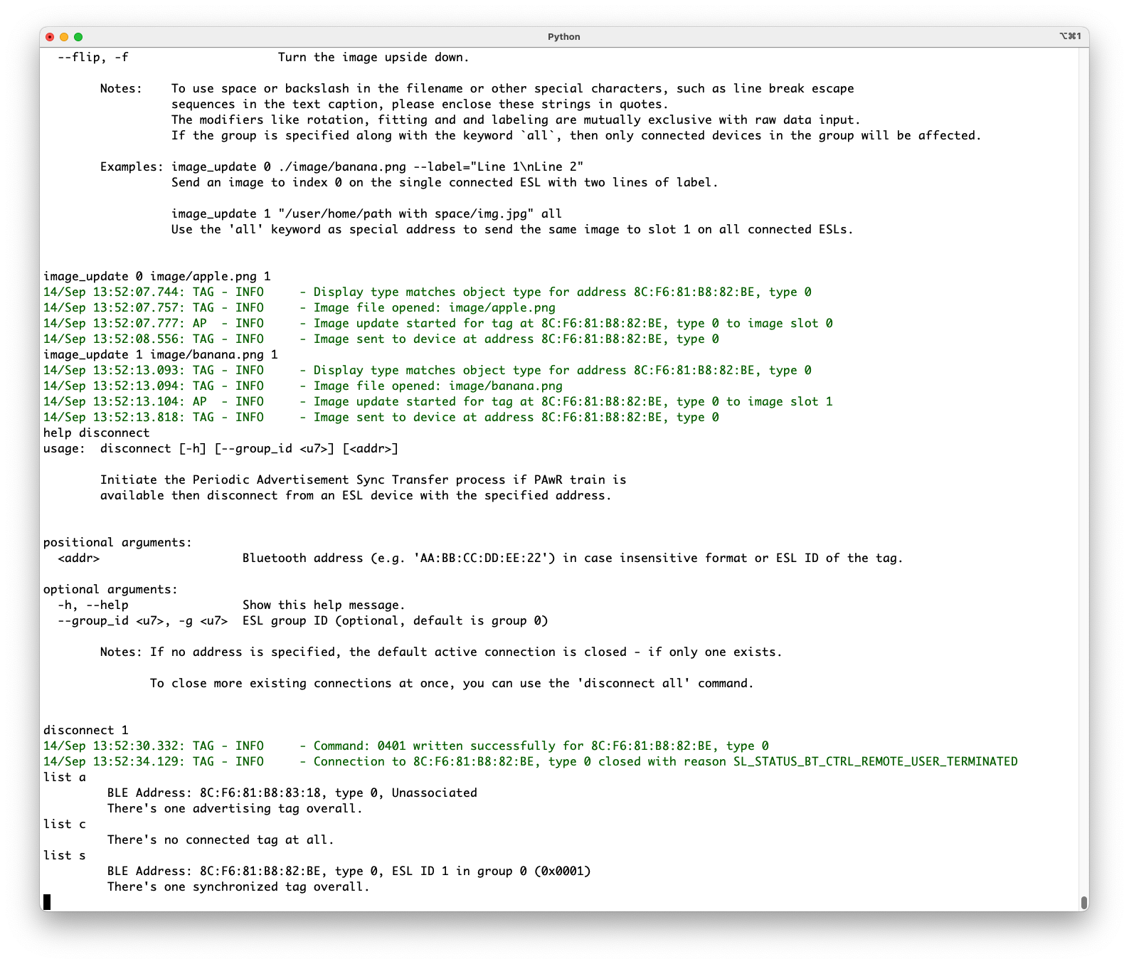 Closing connection to the ESL tag will switch it to Synchronized state.