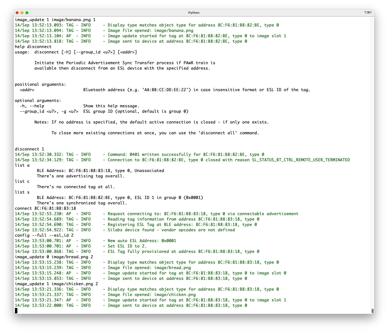 image_update command will transfer images to connected ESL tag