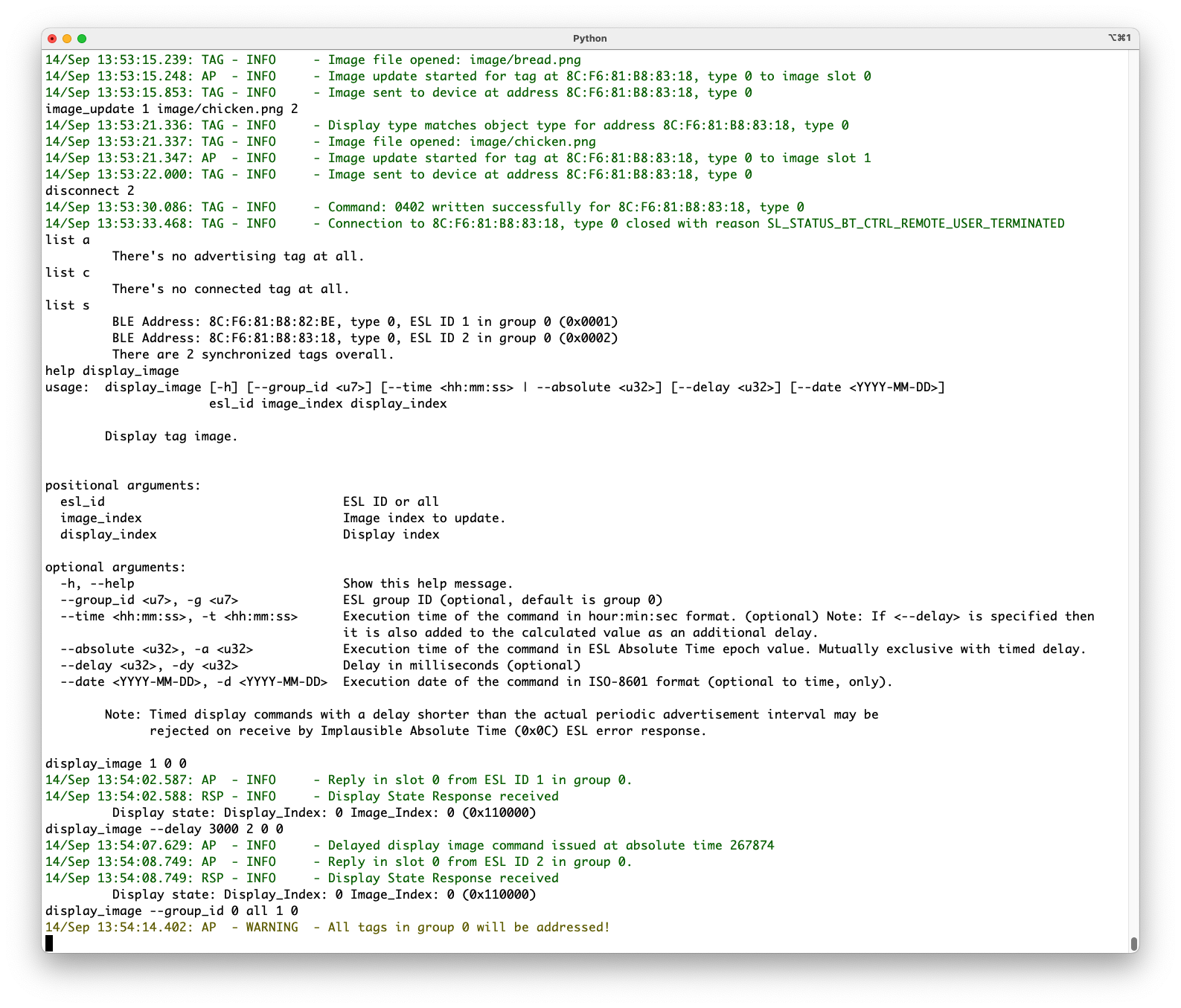 Access point can command tags in synchronized state via Periodic Advertising with Responses (PAwR), e.g. to display an image on the connected display(s).