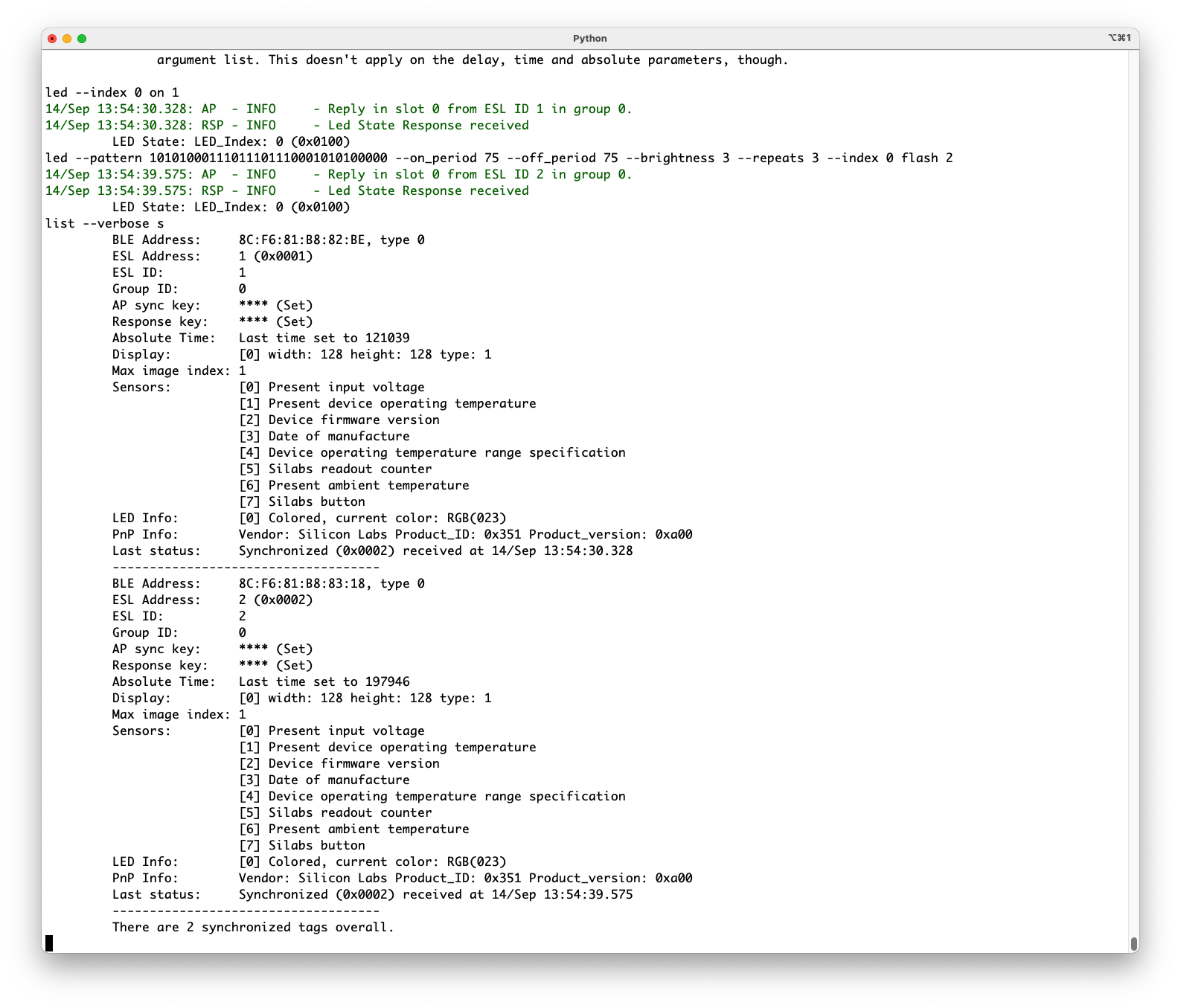 Sensors supported by the ESL tag can be listed with command list --verbose s.