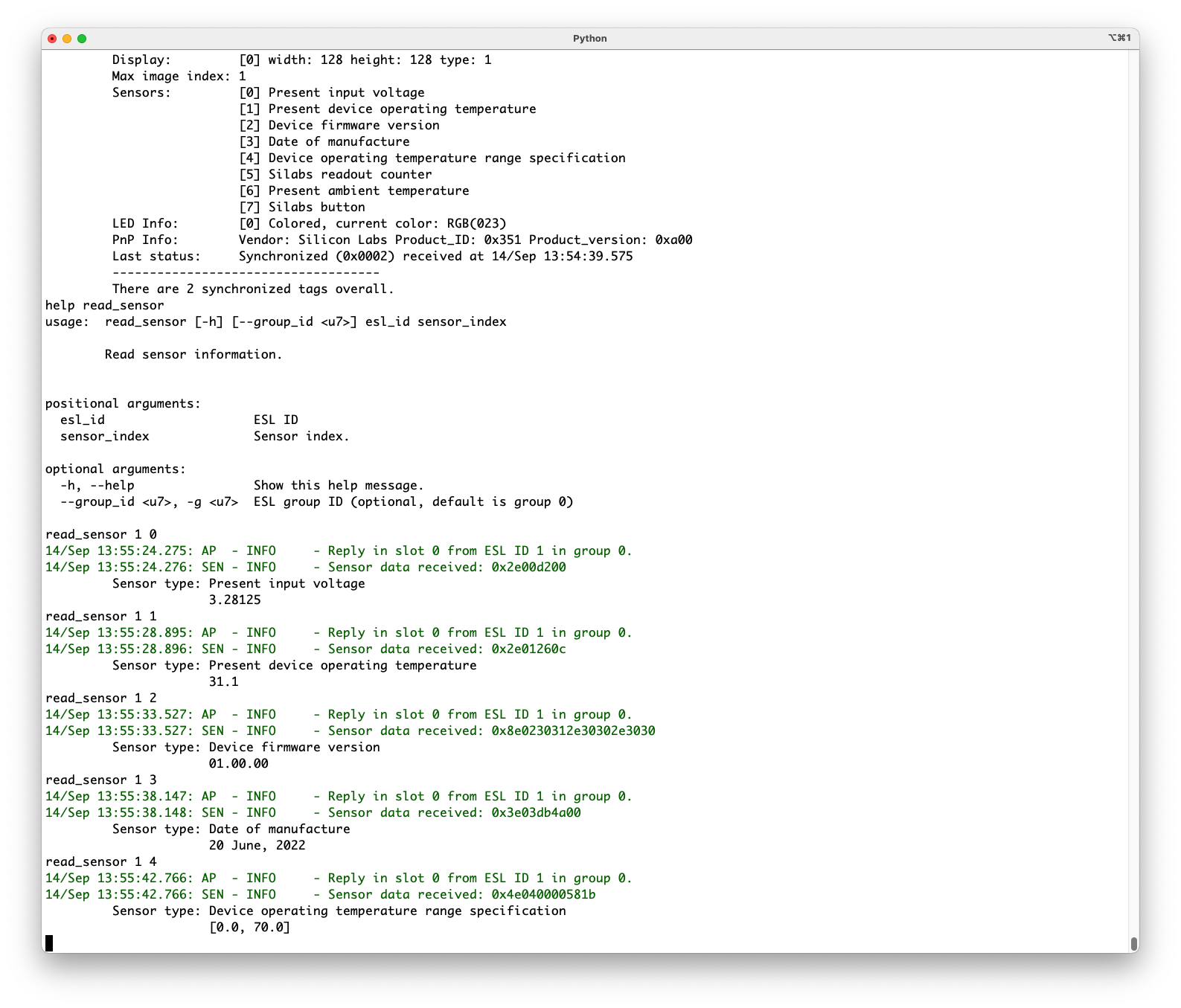 Different sensors can be read with command read_sensor <esl_id> <sensor_index> [g=<group_id>]. Since the tags (to be read) are in Synchronized state, the read command will be sent via periodic advertisement, and the sensor value will be part of the response.