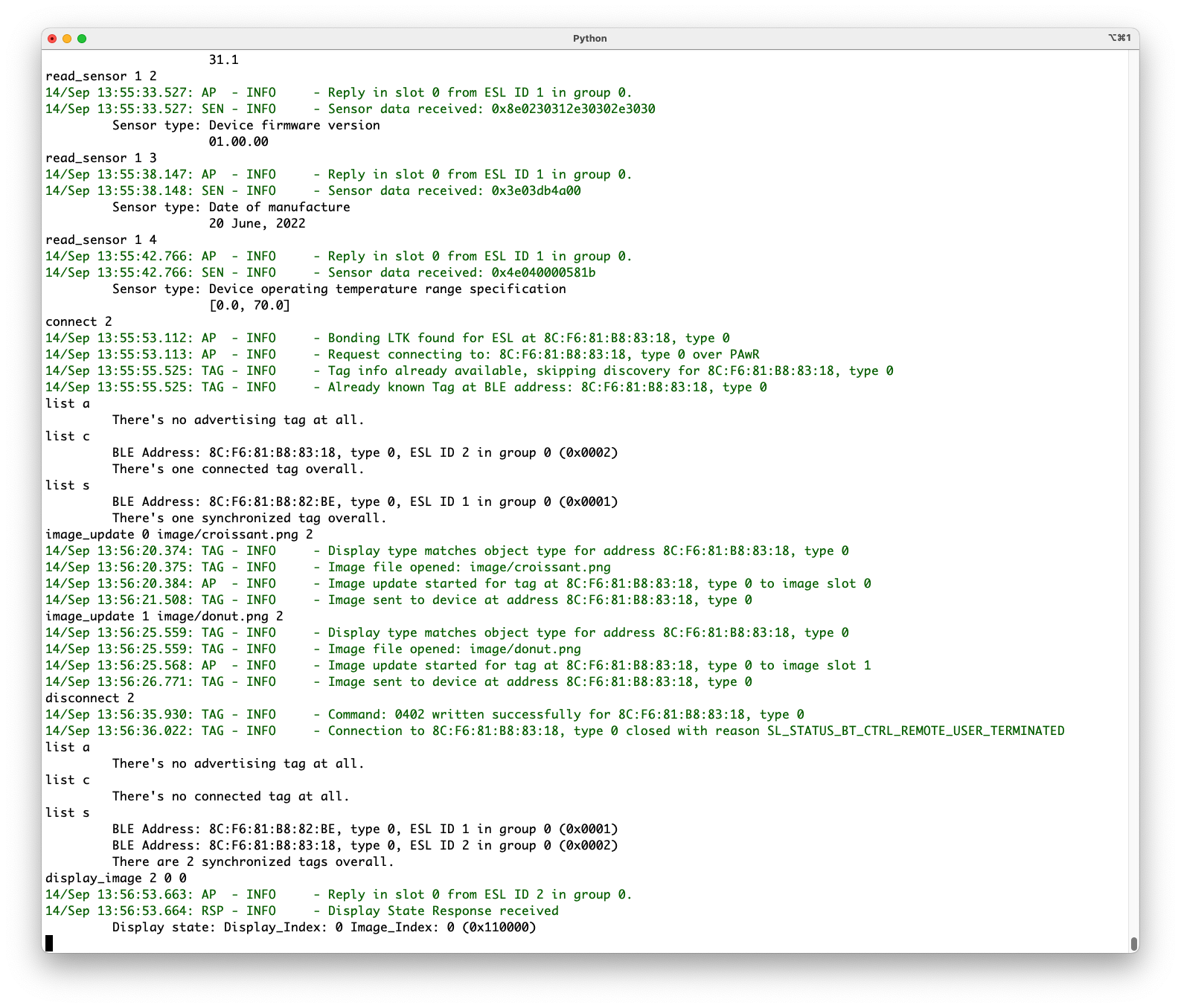After uploading new images to an ESL tag (in Updating state), the AP will close the connection to the tag, switching it back to synchronized state. Now the access point can again send commands to the tag via periodic advertisements.