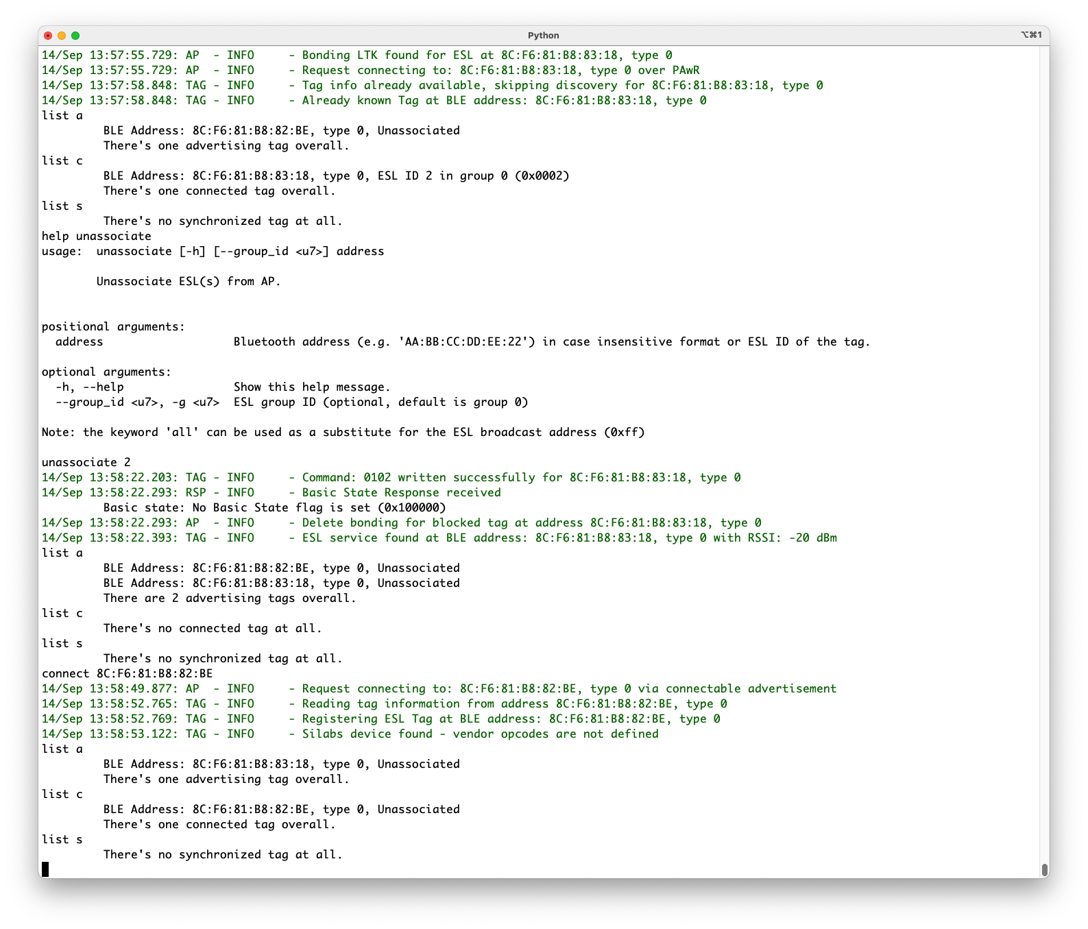 Creating a connection to the ESL tag reset earlier (factory_reset) will set the device to Configuring state.
