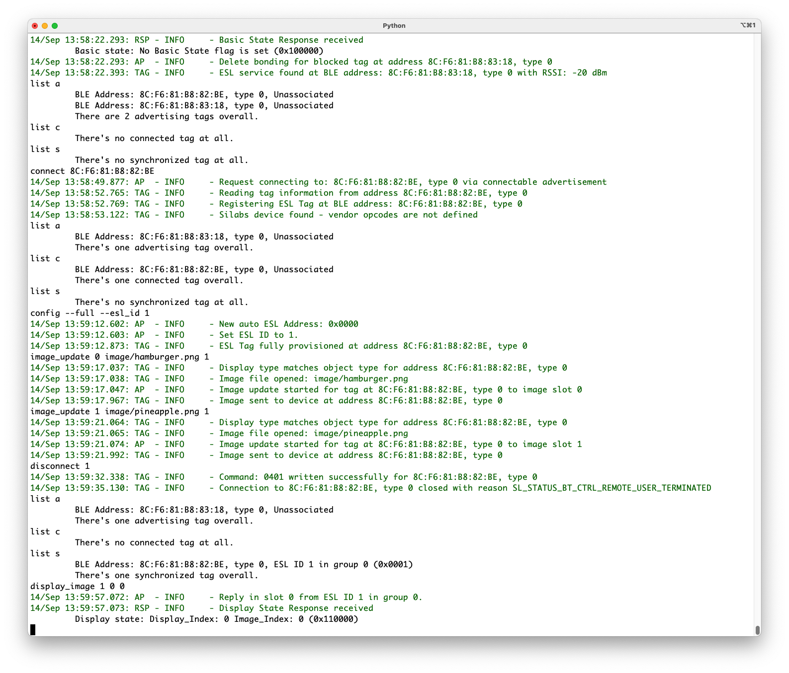 After creating connection to the ESL tag previously reset, the tag will be in Configuring state, and requires to be configured. After reading/writing the GATT characteristics, the AP can transfer images to the tag, and after closing connection, the tag will be in Synchronized mode.