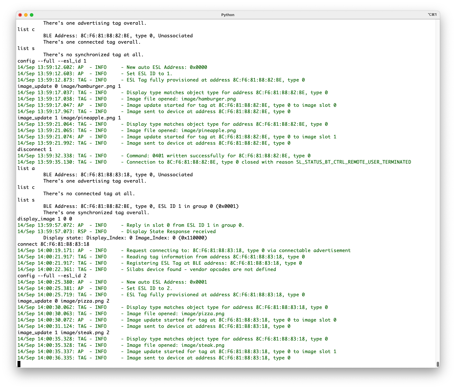 Creating a connection to the ESL tag previously unassociated from the AP will set the tag to a Configuring state. The tag requires the AP to configure it in order to associate the tag to the network, but since the tag was unassociated from the network earlier instead of factory reset, all the images uploaded to the tag are still preserved.