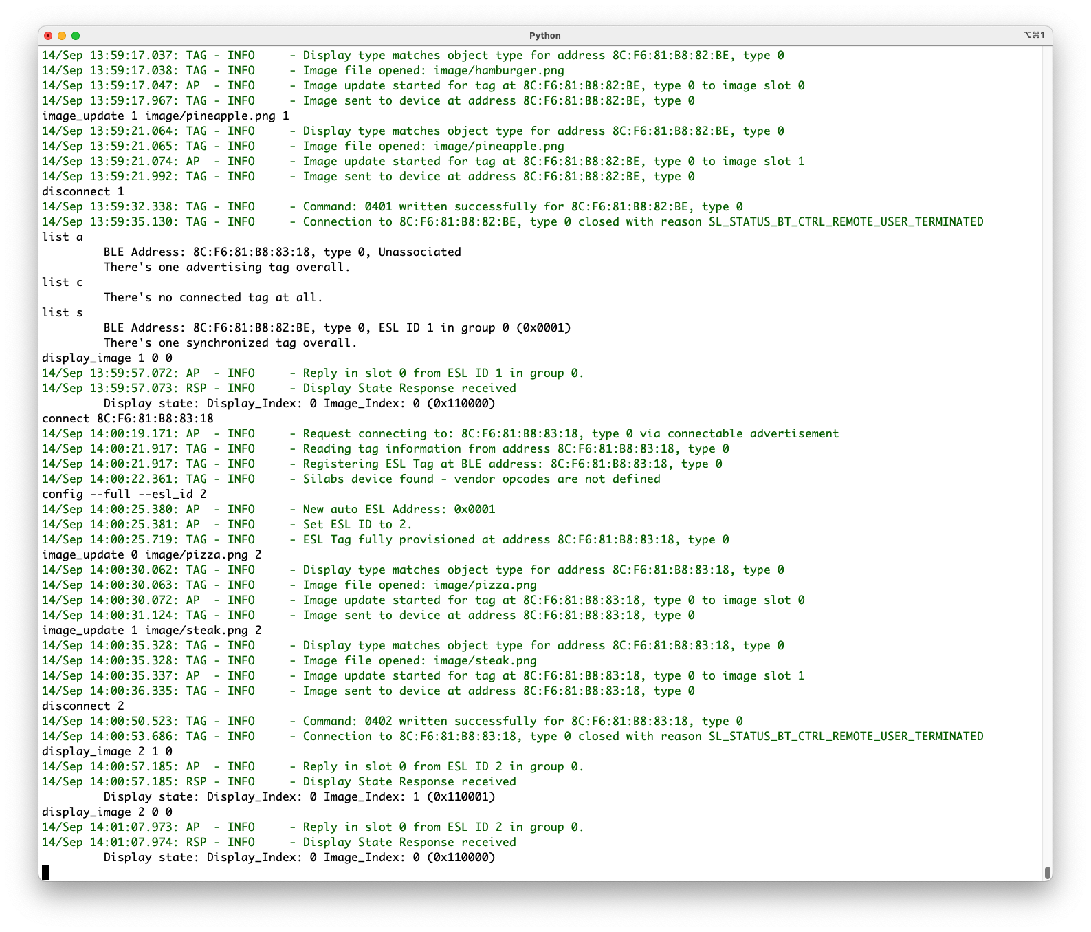 Since the tag 8C:F6:81:B8:83:18 was unassociated from the network instead of factory reset, all the images stored to it were preserved, and therefore the tag can display the images after associating to a network.