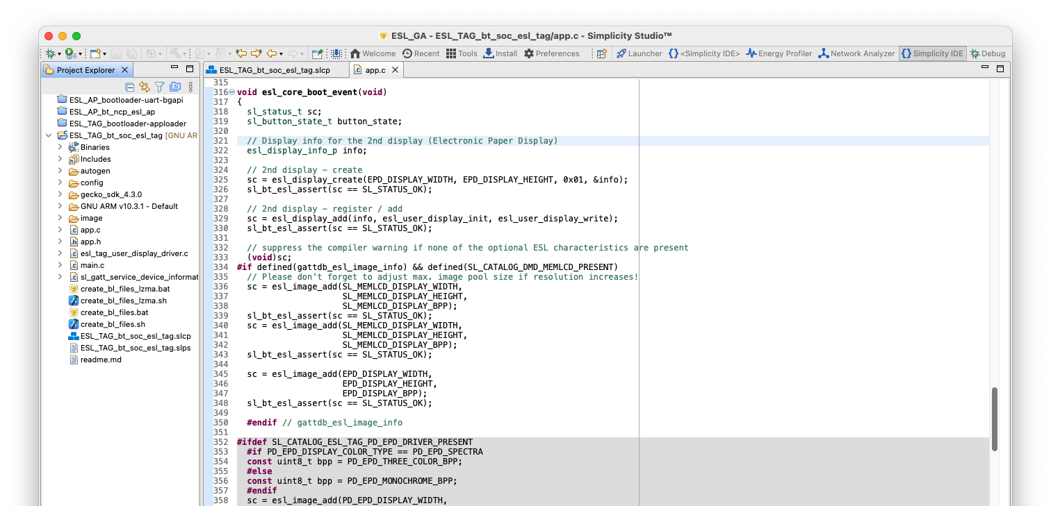 In addition to software components configuration, the display instance has to be created with function esl_display_create(), and it also has to be added to the display registry with esl_display_add(). In this example, also the third image configuration differs from the previous one; now the third image is being used with the electronic paper display (EPD), while the first two are being displayed on the WSTK LCD.