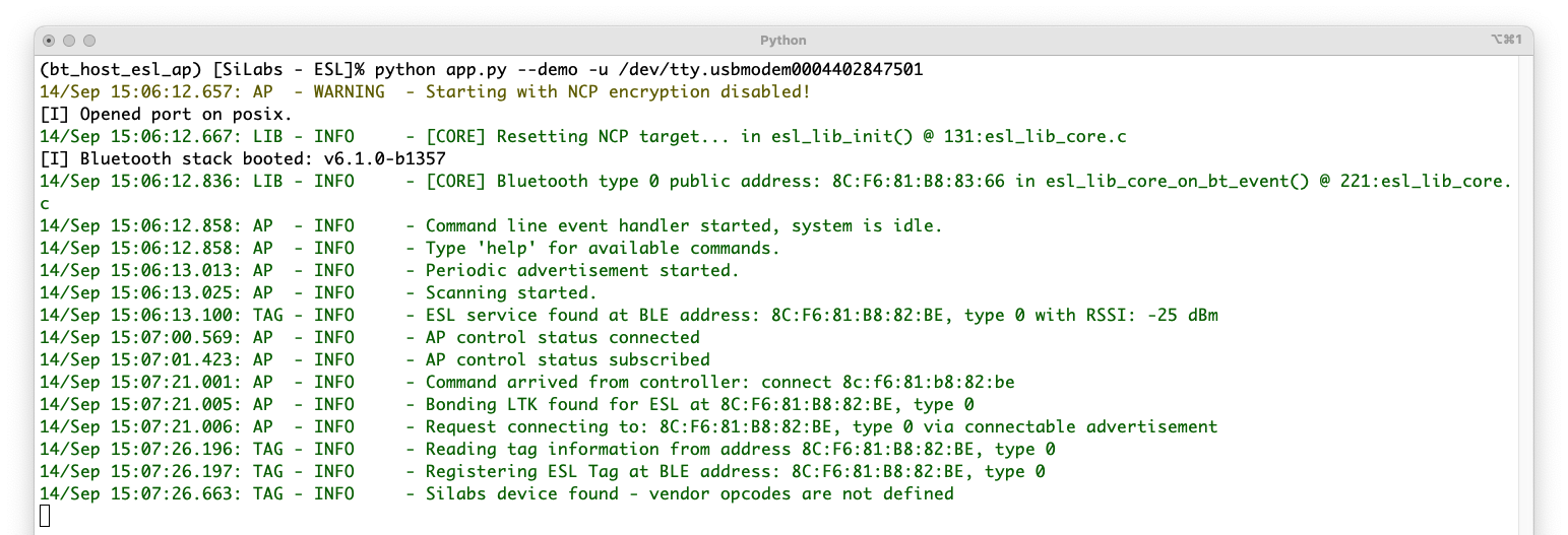 ESL access point after connecting ESL tag via Simplicity Connect mobile application