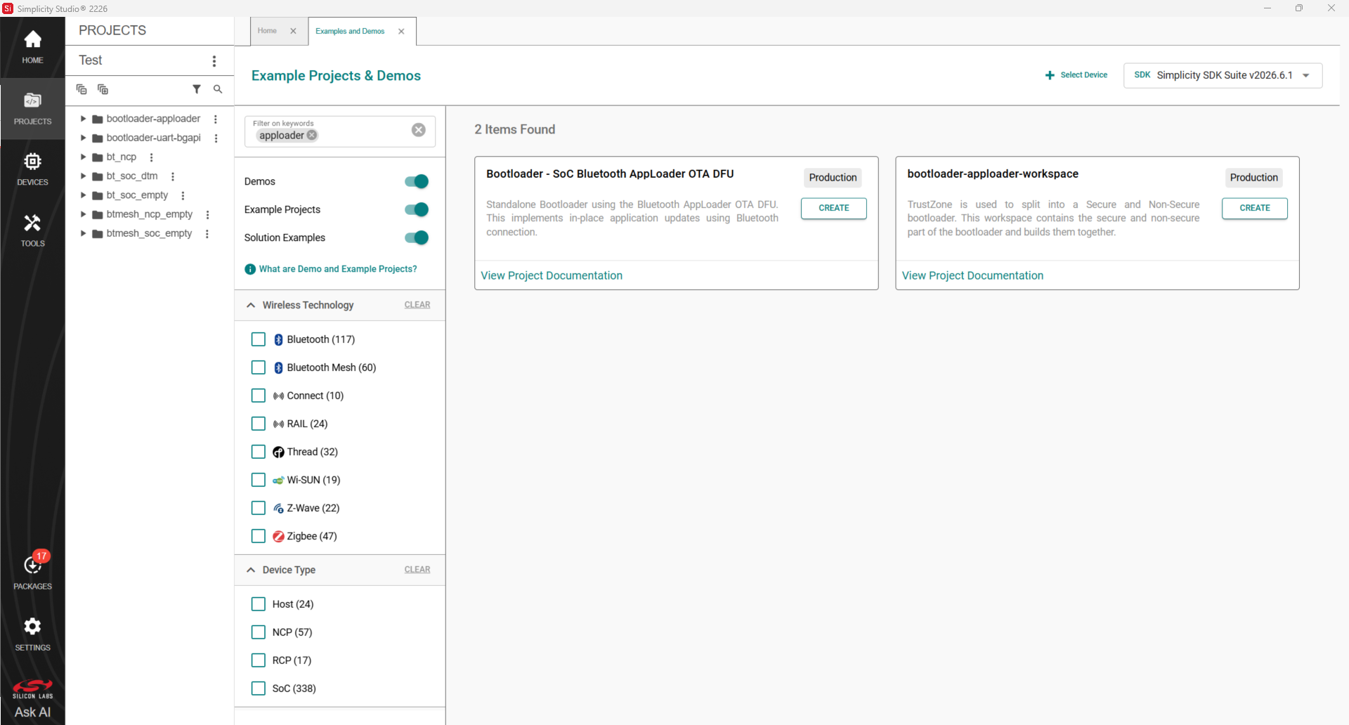Example project "Bootloader – SoC Bluetooth AppLoader OTA DFU"