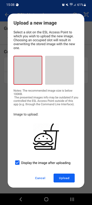 Uploading images to ESL tag via Simplicity Connect mobile application