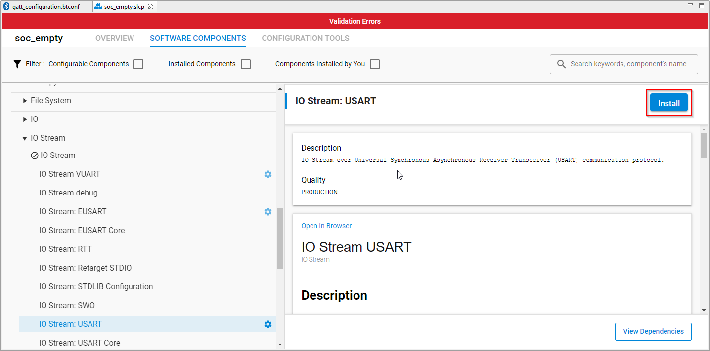 Install the IO Stream: USART component