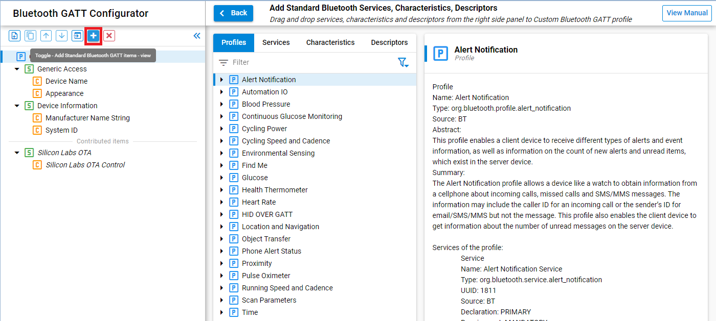 GATT Configurator Add Standard Service Button