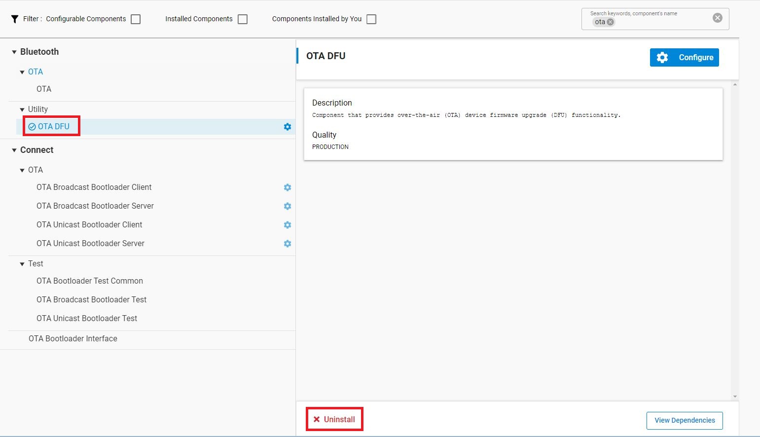 OTA DFU component Uninstall