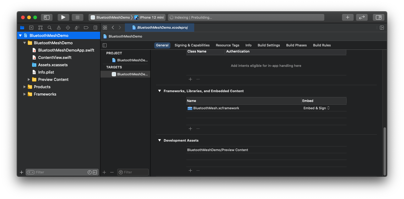 BluetoothMesh.xcframework visible in Frameworks