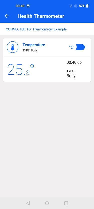 Connected to a thermometer device and receiving data via indications