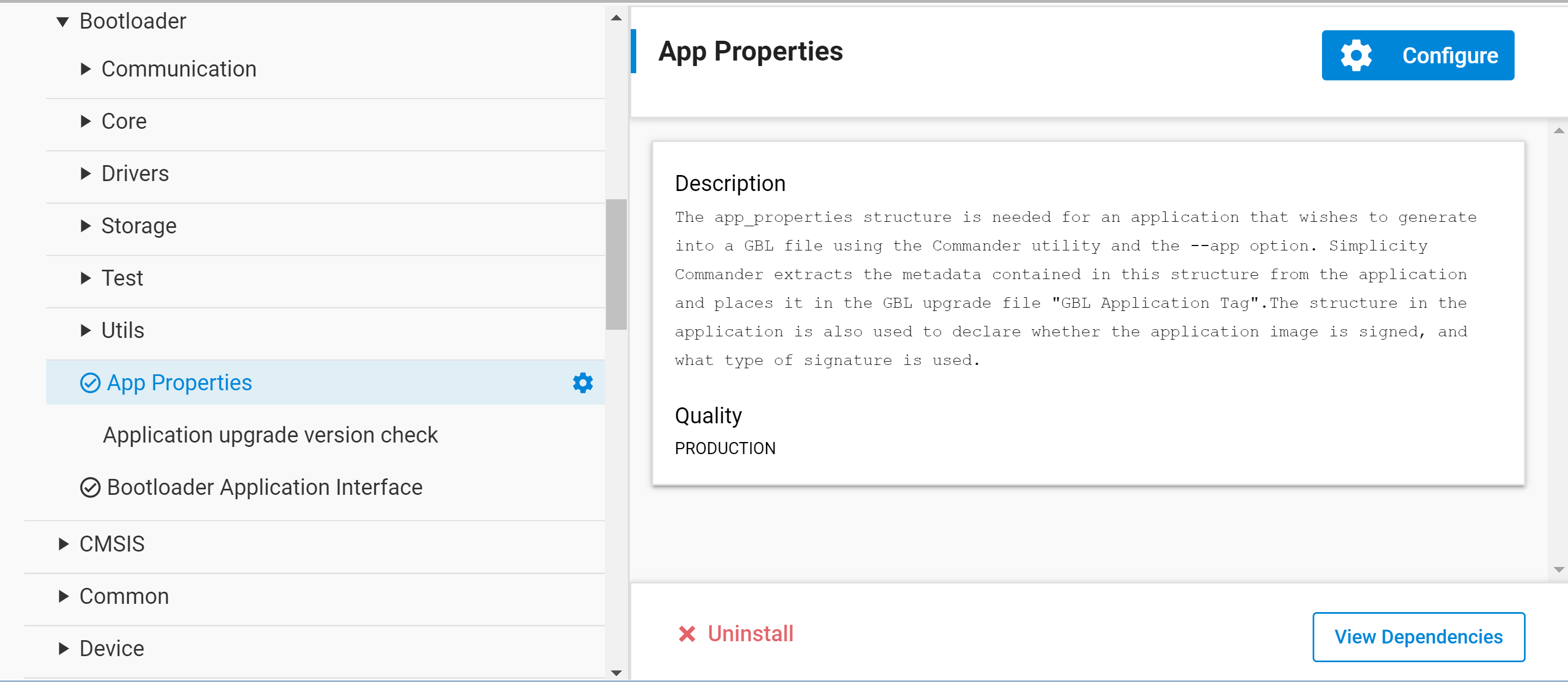 App Properties component location under Platform > Bootloader menu