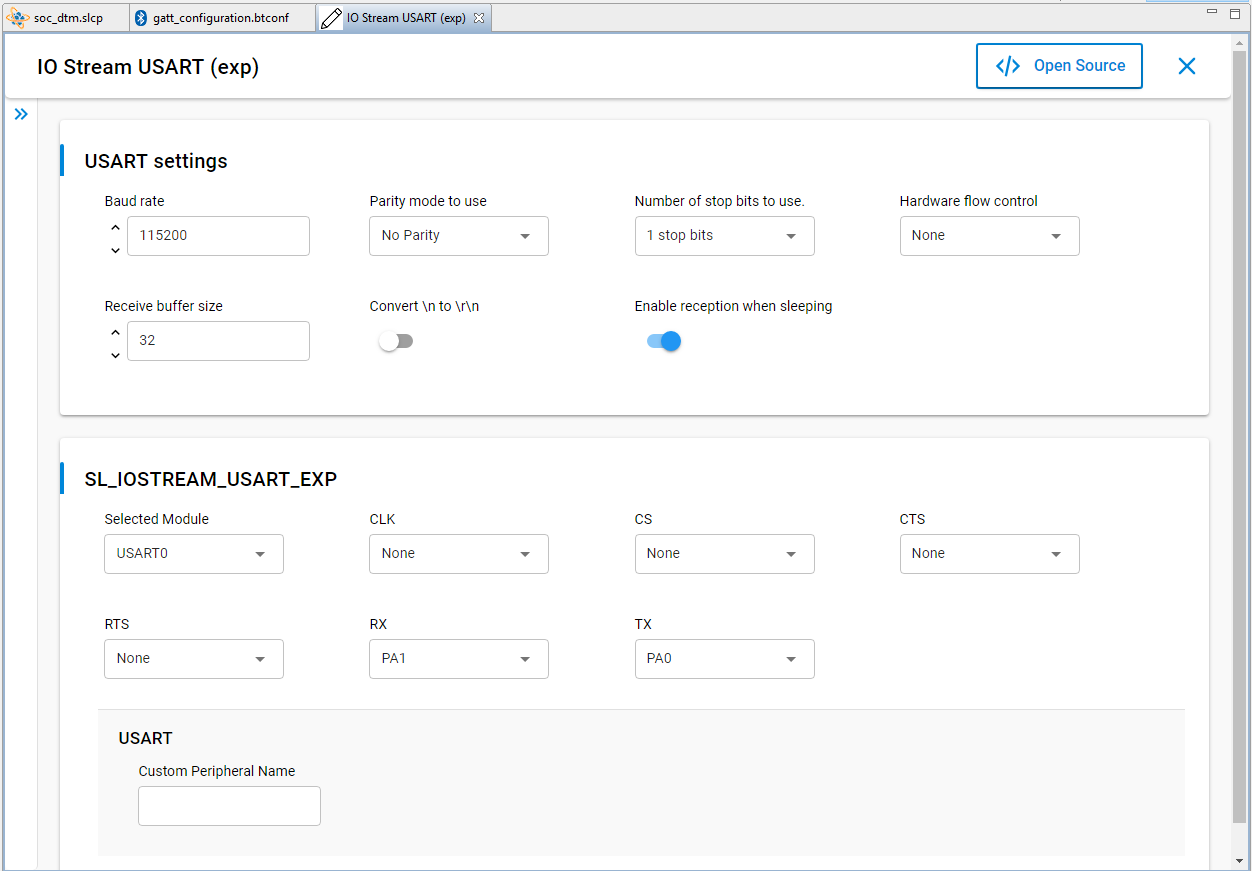 IO Stream UART and Pin Settings