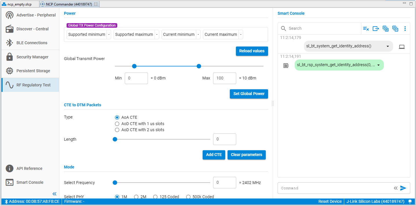 RF Regulatory Test Control Dialog