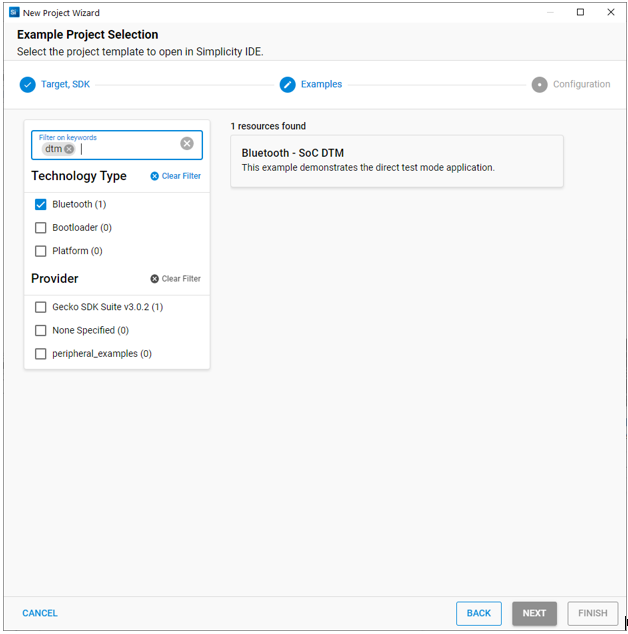 Simplicity Studio 5 Example Project Selection Dialog
