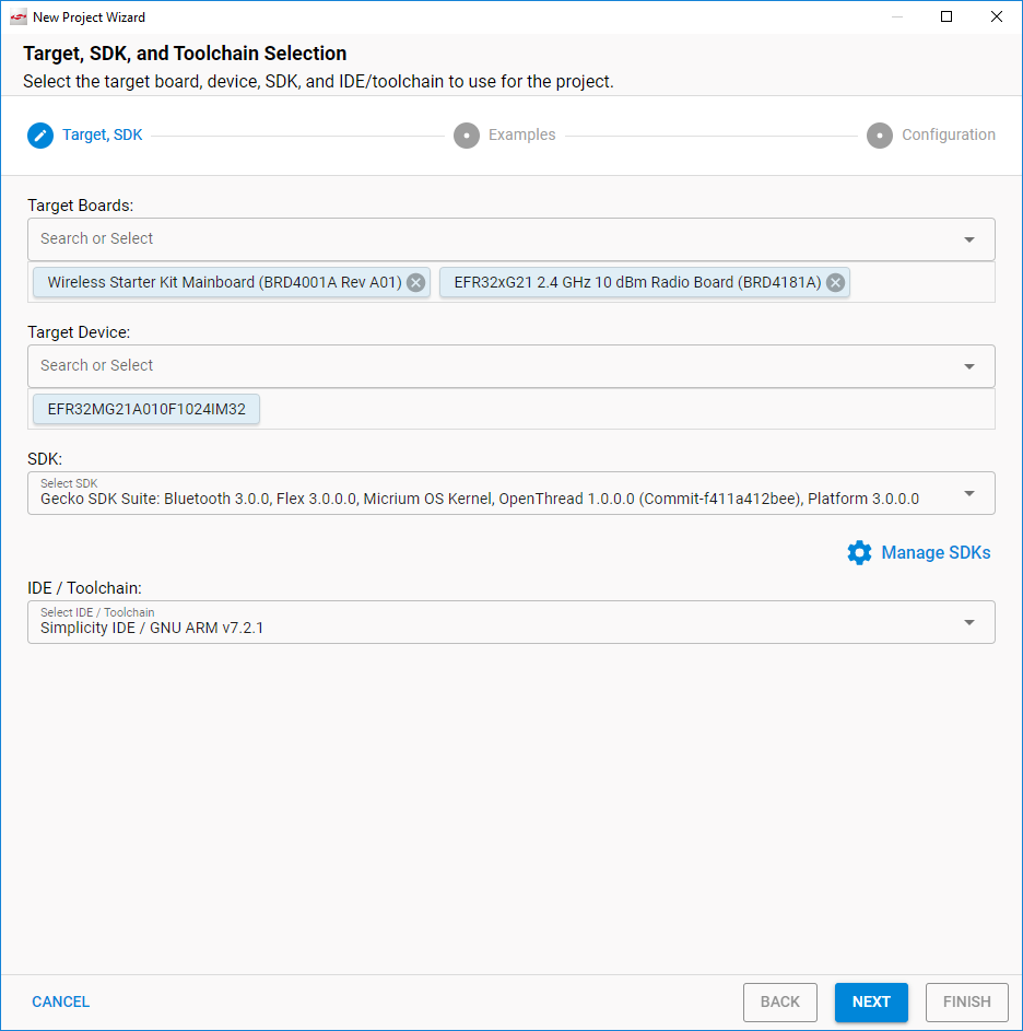 Simplicity Studio 5 Target, SDK and Toolchain Selection Dialog