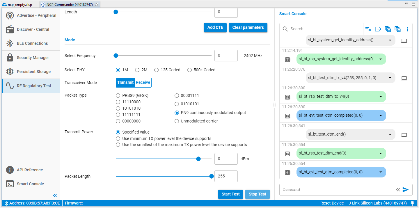 Starting and Stopping a Transmission Test