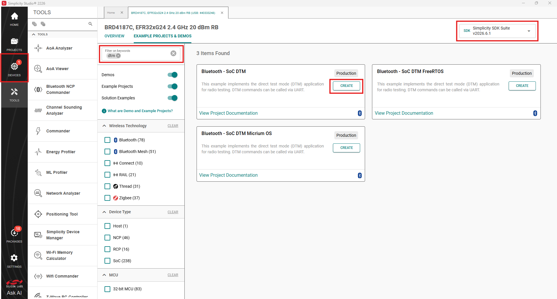 Simplicity Studio 6 Example Project Selection Dialog