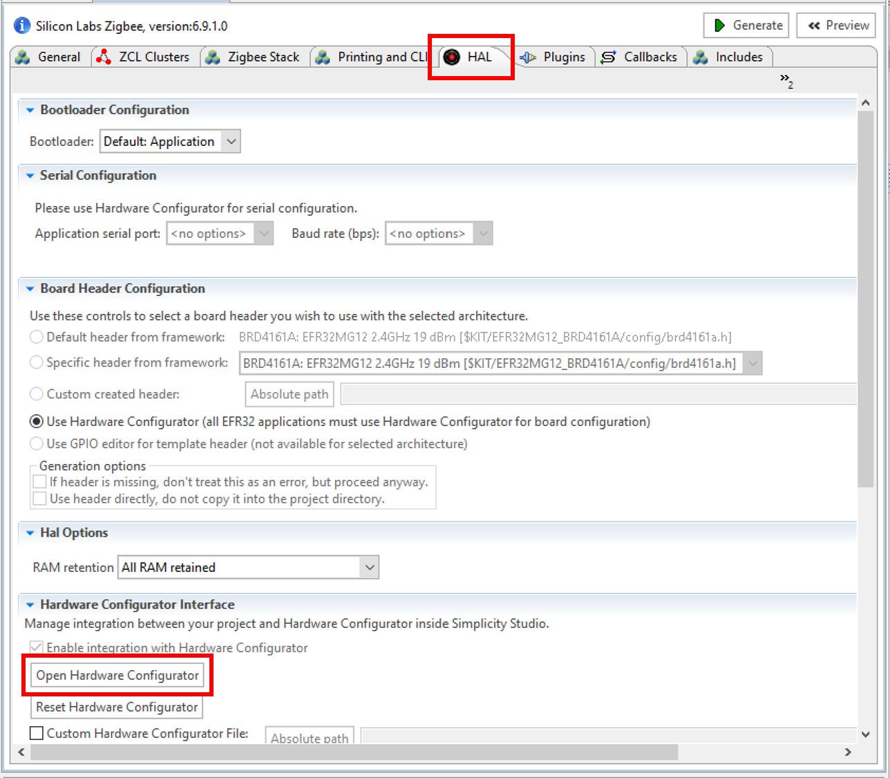 HAL configuration tab