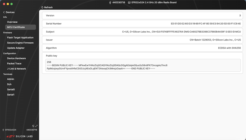 MCU Certificate page showing device certificate details