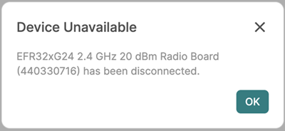 Device Unavailable dialog showing disconnected device information