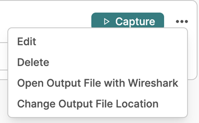 Capture interface menu with edit, delete, Wireshark, and output location options