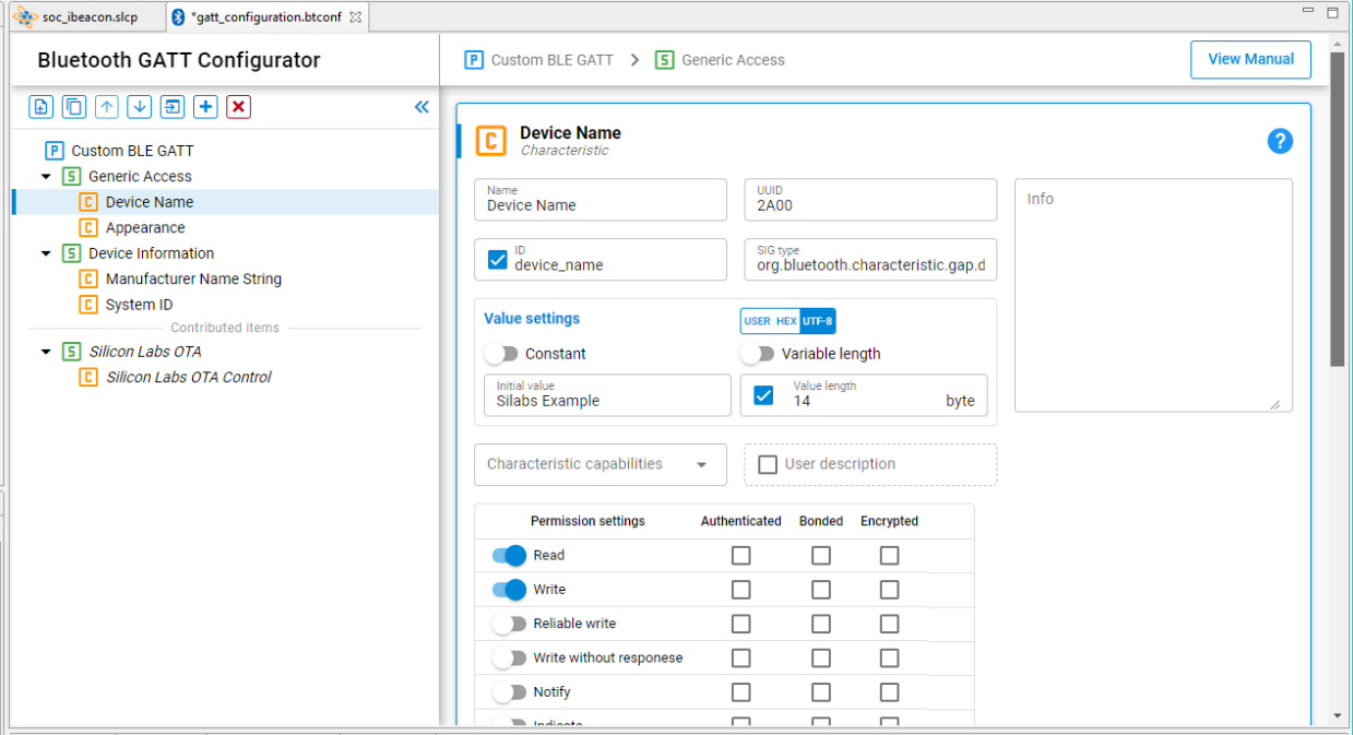 GATT Custom GATT Editor with Characteristic Selected