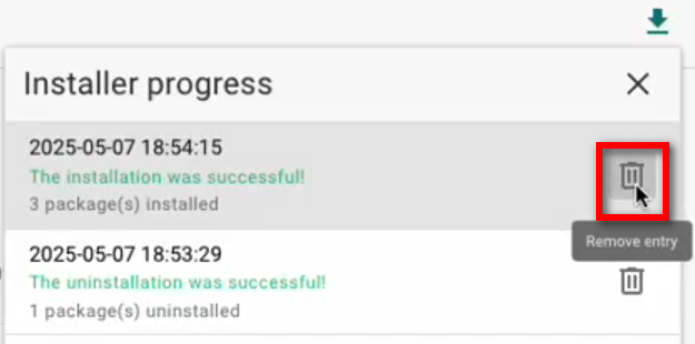 A trash can icon used to delete a package in the Installer Progress menu