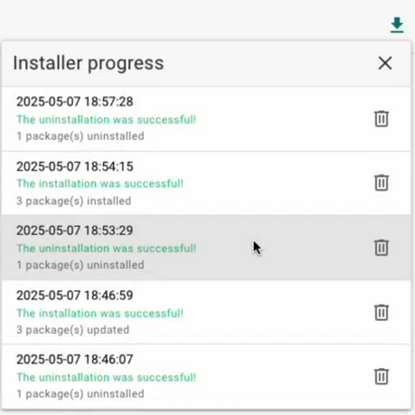 Installer Progress menu in the Package Manager