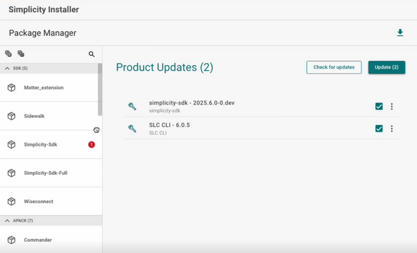 An alert of a package update in a red circle with a white number in the middle in the list on the left side of the Package Manager page