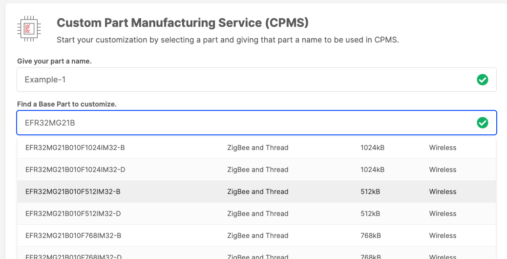 CPMS Part Selection screenshot