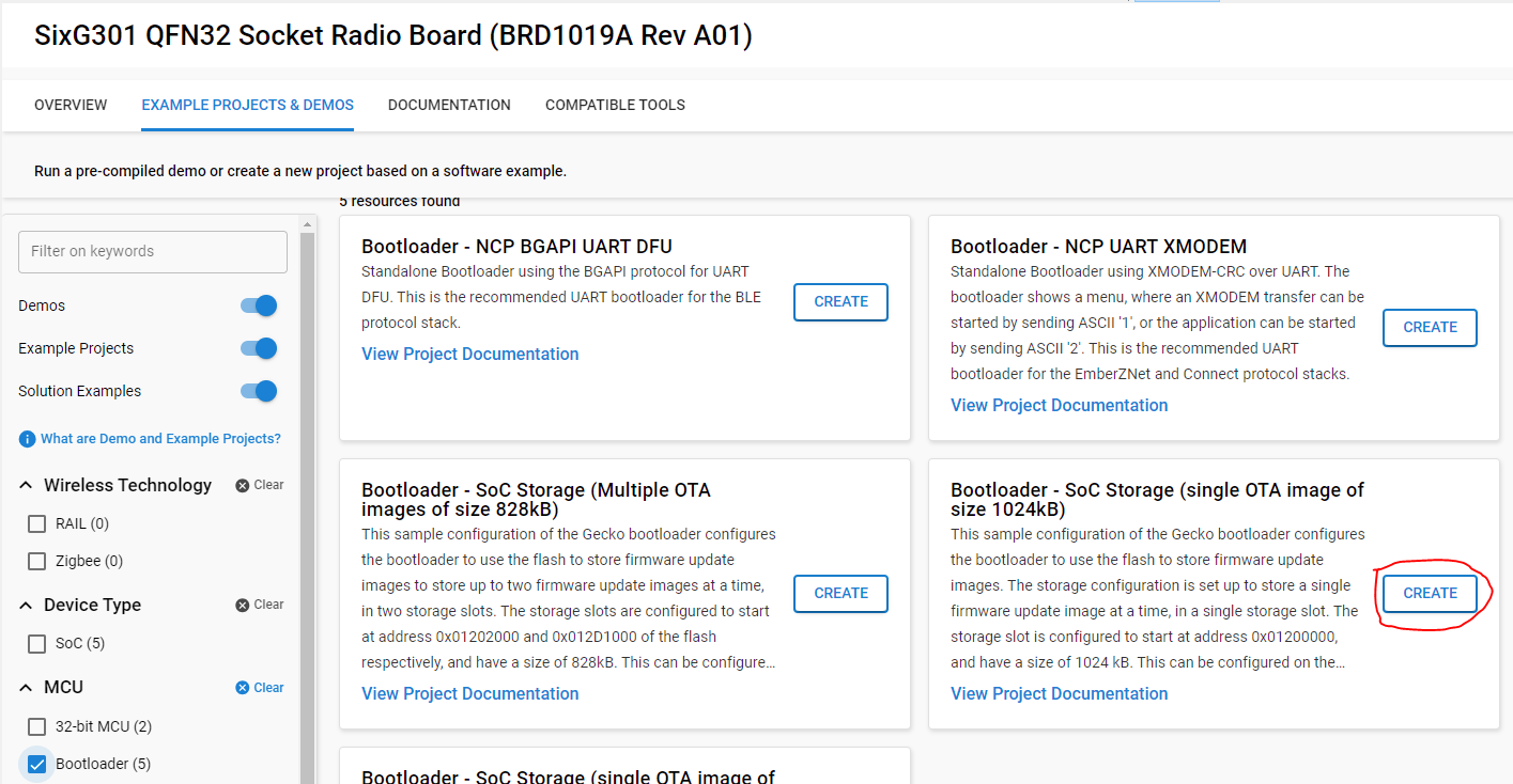 Simplicity Studio Example Projects: Bootloader filter selected; Bootloader – SoC Storage (single 1024 kB OTA) card with CREATE highlighted.