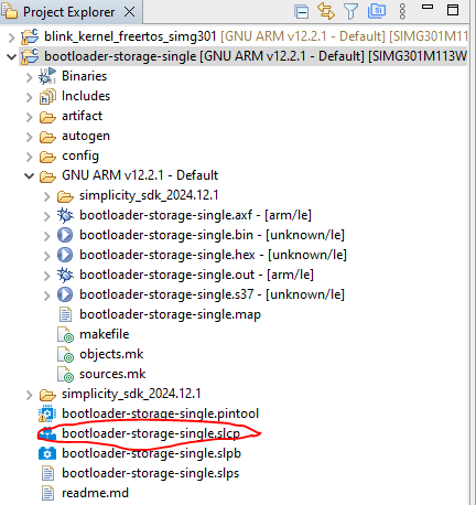 Project Explorer: bootloader-storage-single project tree with bootloader-storage-single.slcp highlighted.