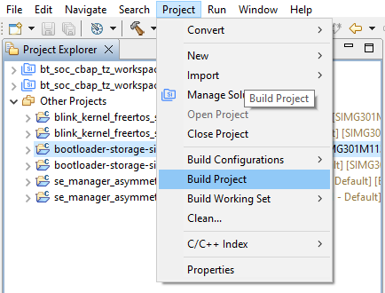 Simplicity Studio Project menu with Build Project selected for the bootloader-storage project.