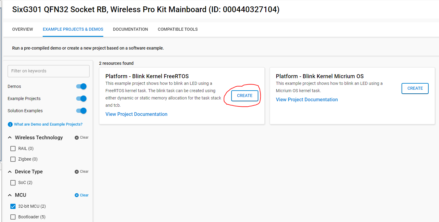 Simplicity Studio Example Projects: Platform – Blink Kernel FreeRTOS card with CREATE highlighted.