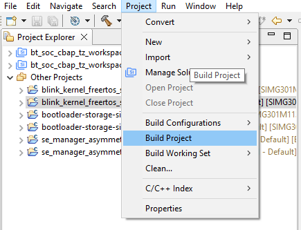 Simplicity Studio Project menu with Build Project selected; blink_kernel_freertos project highlighted in Project Explorer.